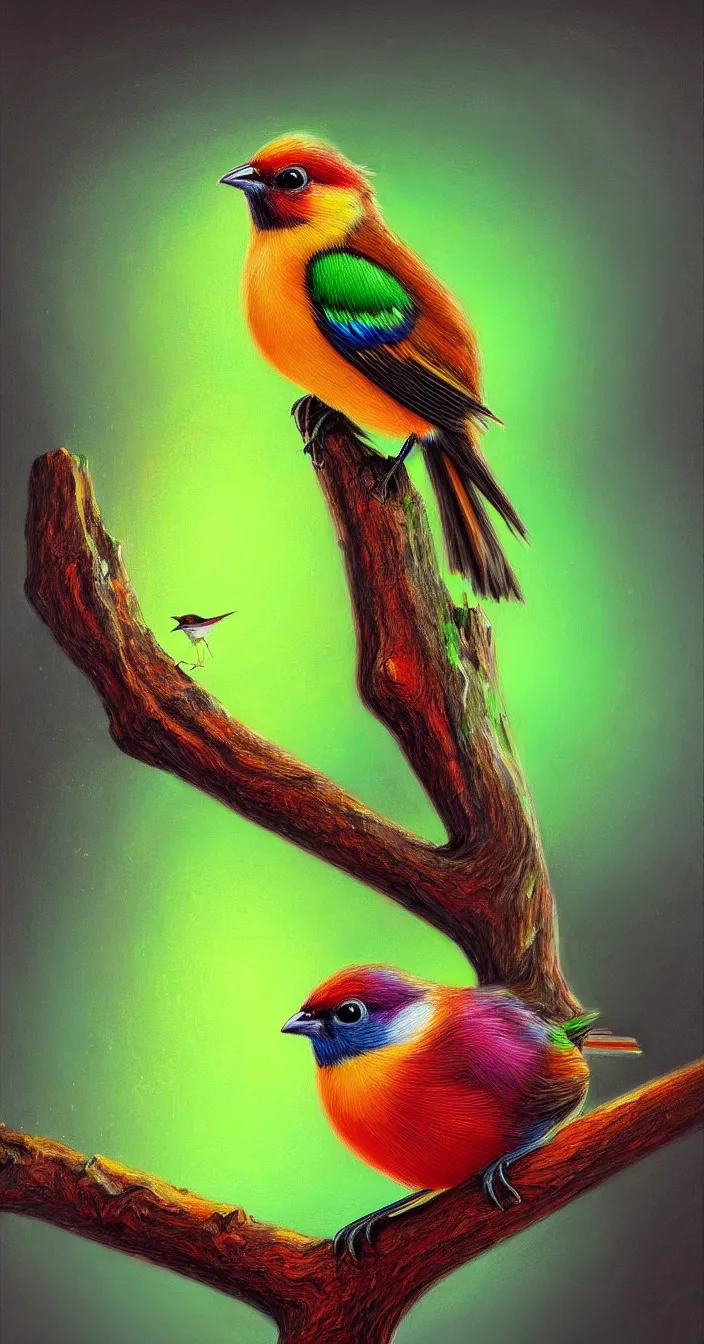 Prompt: realistic photo of colorful small bird sitting on tree, dark smooth background, very sharp focus, very hyper realistic, art of greg rutsowski, highly detailed, fantasy art station