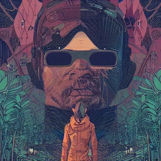 Prompt: Stunningly intricate portrait illustration of a single cyberpunk explorer overlooking a lush forest, highly detailed, midnight, by Victo Ngai and James Gilleard , Moebius, Laurie Greasley
