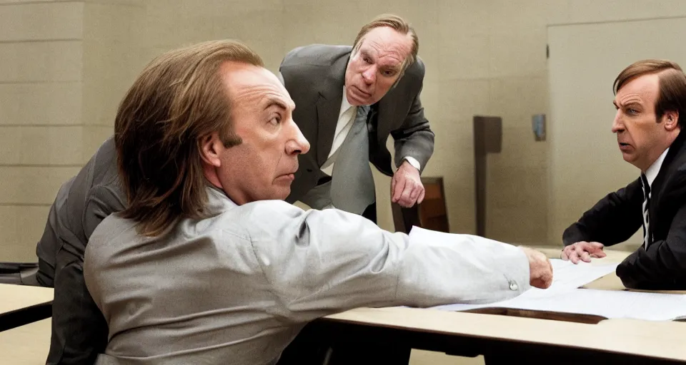 Image similar to saul goodman fighting michael mckean in court, still from better call saul