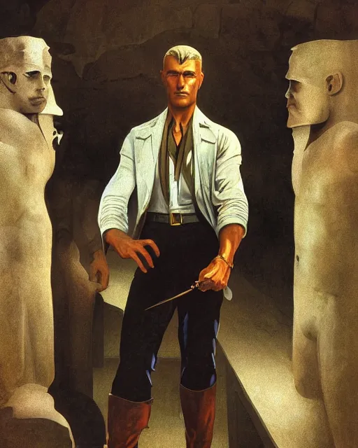 Image similar to doc savage in an egyptian tomb wearing jodhpers and knee high boots and no hat, fantasy character portrait, ultra realistic, concept art, intricate details, highly detailed by soft light, volumetric light, misty, william adolphe bouguereau, munch, maxfield parrish, james bama, and frank frazetta