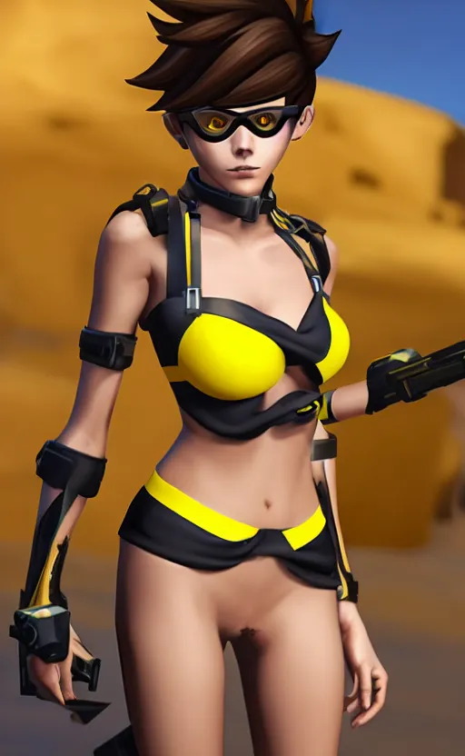 prompthunt: tracer game character, in yellow bikini, blonde hair