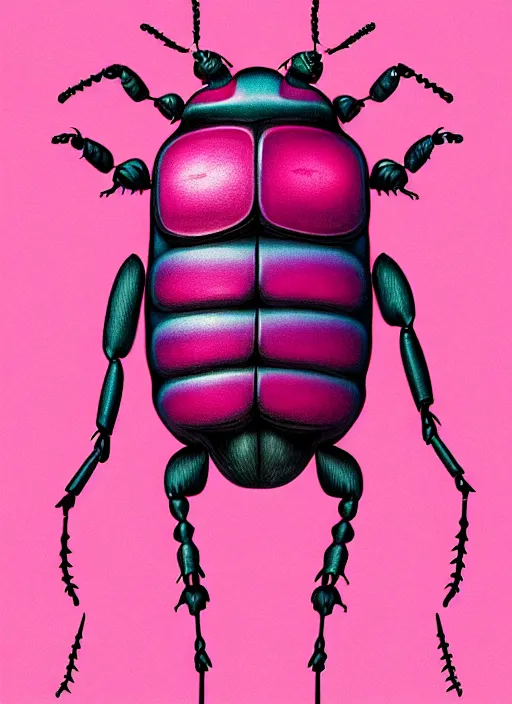 Image similar to caricature picture of a human beetle, pink insects, professionally color graded, interesting angle, sharp focus, 8 k high definition, insanely detailed, intricate, funny, art by jacob shaw and studio ghibli