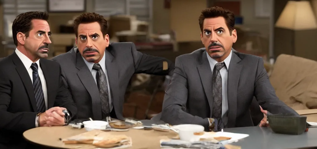 Image similar to a very high resolution image of tony stark with micheal scott. from an episode of the office. photorealistic, photography