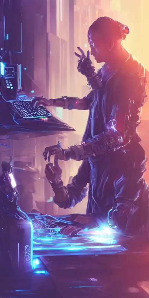 Image similar to concept art, cyberpunk alchemist tapping computer keyboard, backlight, mystery, omnipotent, high detail, 8 k.