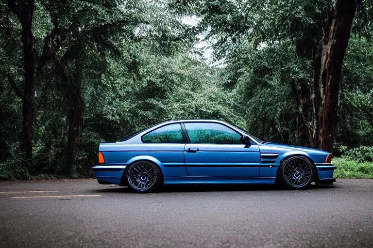 Image similar to A modified blue BMW e36 parked in a road with trees, rainy season, Epic photography, taken with a Leica camera, 500 mm focal length, f/1.5 aperture, depth of field