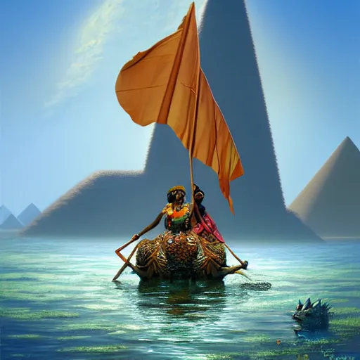 Prompt: an african queen riding a crocodile in the nile river by michael whelan and tyler edlin, oil on canvas, water fog, pyramid portal, 8k.