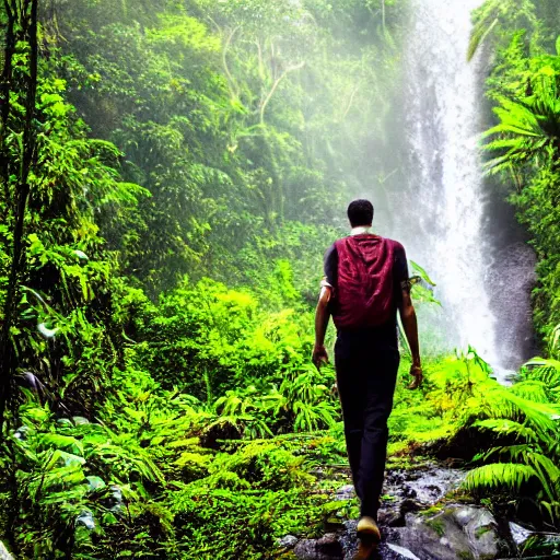 Image similar to 4 k realistic photo of a man walking through a jungle, lush rainforest, waterfall in the background,