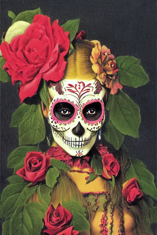 Prompt: illustration of a sugar skull day of the dead girl, art by martin johnson heade