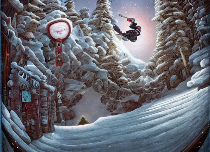 Prompt: a snowboard downhill that takes to a portal to another dimension, lowbrow, matte painting, 3 - d highly detailed, in the style of mark ryden,