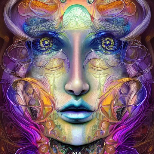 Prompt: a digital painting of a woman's face, digital art by android jones and amanda sage, behance contest winner, psychedelic art, biomorphic, rendering in intricate poster art, tarot card lovecraftian, outlined art amanda sage, alex grey, james jean. most - amanda sage and andriod jones