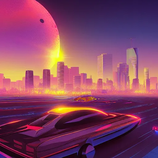 Image similar to eclipse over futuristic crystal city infinite traffic, synthwave bright neon colors highly details cinematic vladimir kush, philippe dru, roger deal, bob egg, leton, michael whelan,