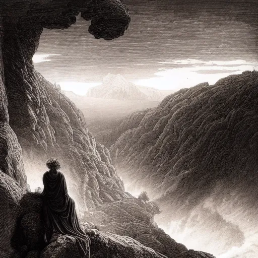 Image similar to A lonely woman looks down from a gigantic cliff, mountains, gorgeous view, lush valley, distant forest, spirals, distant city, distant glow, night, sunset, dramatic light, Chiaroscuro, long shadows, dark, masterpiece, high detail, detailed, illustration by Paul Gustave Doré