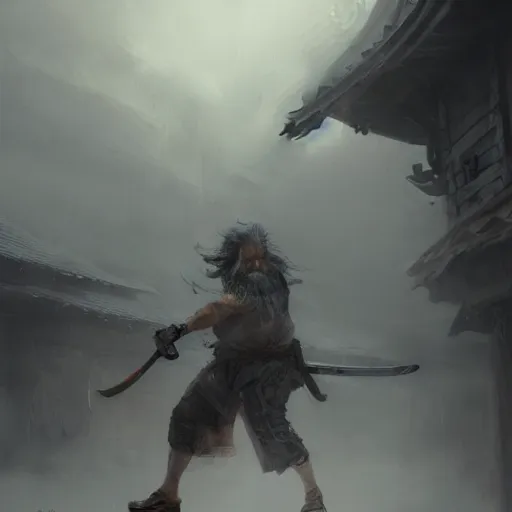 Prompt: ronin, old, white beard, wrinkles, handsome, action pose, katana, profile, intricate, detailed, volumetric lighting, scenery, digital painting, highly detailed, artstation, sharp focus, illustration, concept art, ruan jia, steve mccurry