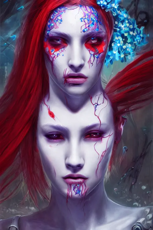 Prompt: portrait of beautiful young maiden, warhammer, cyber style, more and more cyberpunk, a lot of more scars, more and more flowers, blue head, some red water, the middle ages, highly detailed, artstation, illustration, artgerm sylvari portrait, 8 k quality, art by alfred kubin