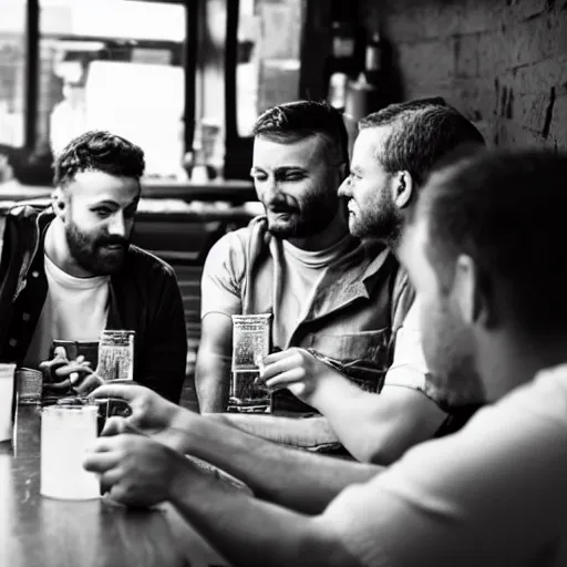 Prompt: a high quality image of five men drinking beer and talking intelligently in pub, detailed photograph, black and white photography, street photography
