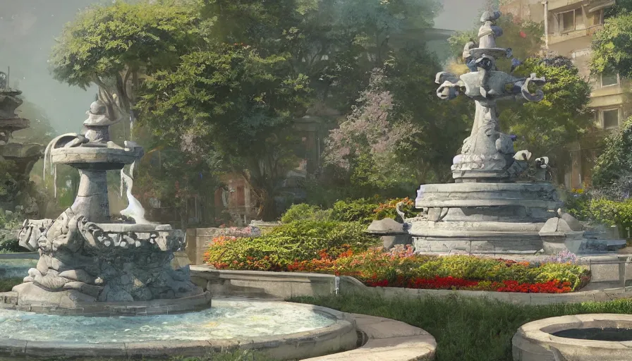 Image similar to craig mullins and studio ghibli illustration of a sculpture of the sun on top of a fountain in a garden, flowers, unreal engine, hyper realism, realistic shading, cinematic composition, realistic render, octane render, detailed textures, photorealistic, wide shot