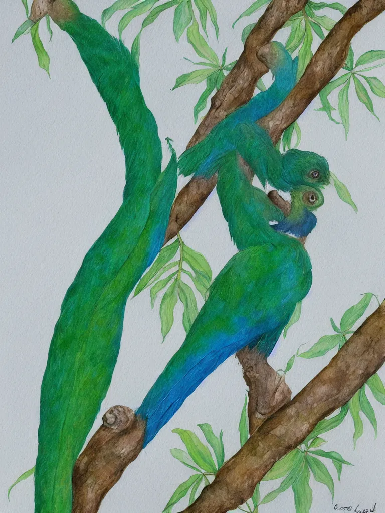 Prompt: A realistic painting of a Quetzal on a white background, watercolour, pastel colours,