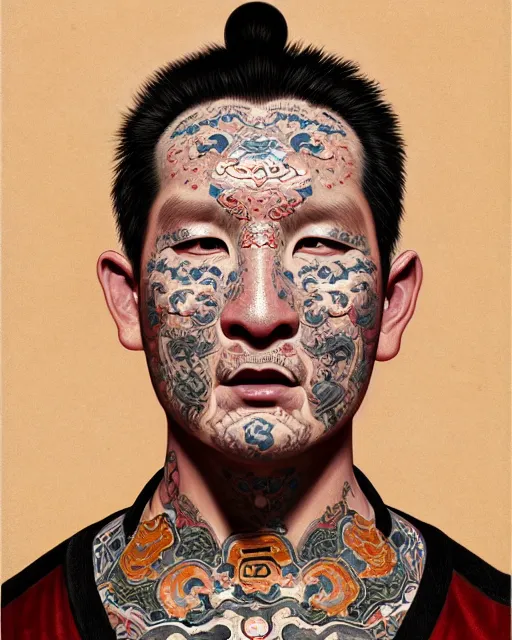 Image similar to portrait of corey taylor, upper half portrait, decorated with chinese opera motifs, asian, bian lian, traditional chinese art, intricate, elegant, highly detailed, symmetry, digital painting, artstation, concept art, smooth, sharp focus, illustration, art by artgerm and greg rutkowski and alphonse mucha, 8 k