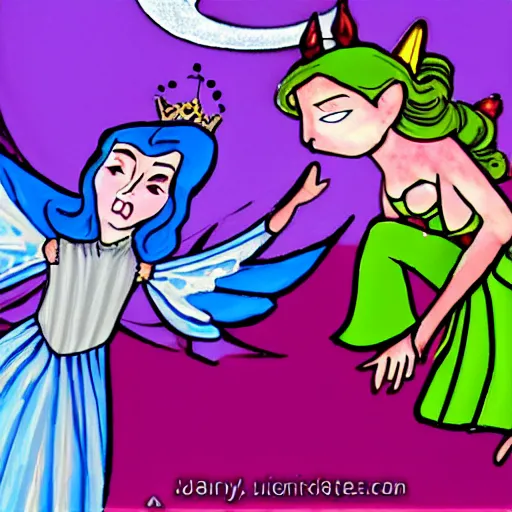 Prompt: a beautiful fairy princess is angry at a jester