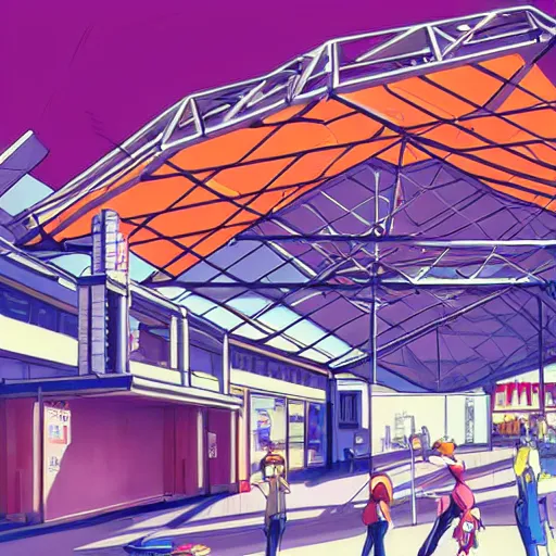 Prompt: mall, truss building, red trusses, complex truss roof, building, geodesic building, cel - shading, 2 0 0 1 anime, flcl, jet set radio future, the world ends with you, sunshine, cel - shaded, strong shadows, vivid hues, y 2 k aesthetic, art by artgerm