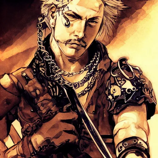 Prompt: portrait of a hero holding his sword in front of his face by yoji shinkawa, high quality, extra details, realism, ornate, colored, golden chain, blood, white skin, short hair, brown eyes, vivid, sunlight, dynamic, american man, freedom, soldier