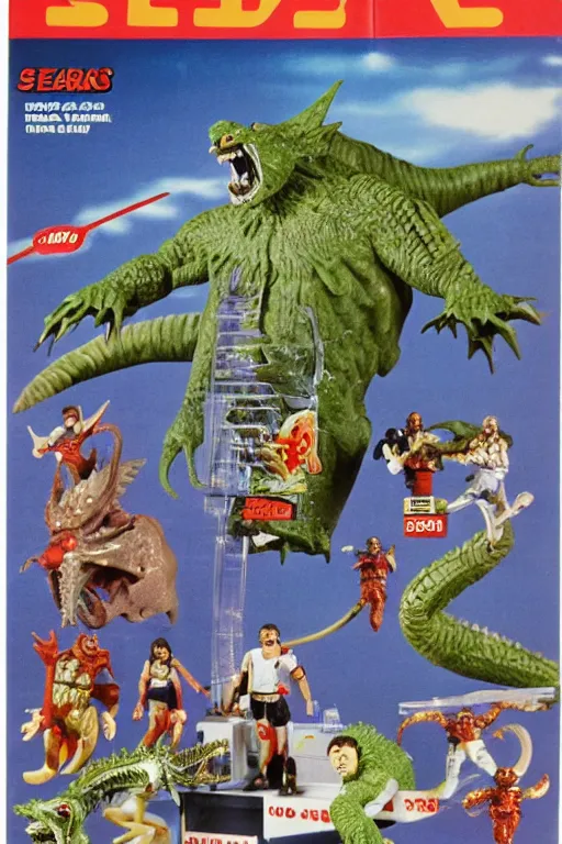 Image similar to sears wishbook page, kaiju action figures, playsets, 1980s