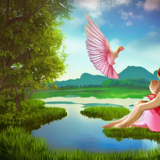 Prompt: prompt Young girl, with bird wings, sitting at a pond, mountainous area, trees in the background, digital art