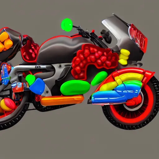 Image similar to motorcycle made out of candy and gummy bears, global illumination, photorealistic