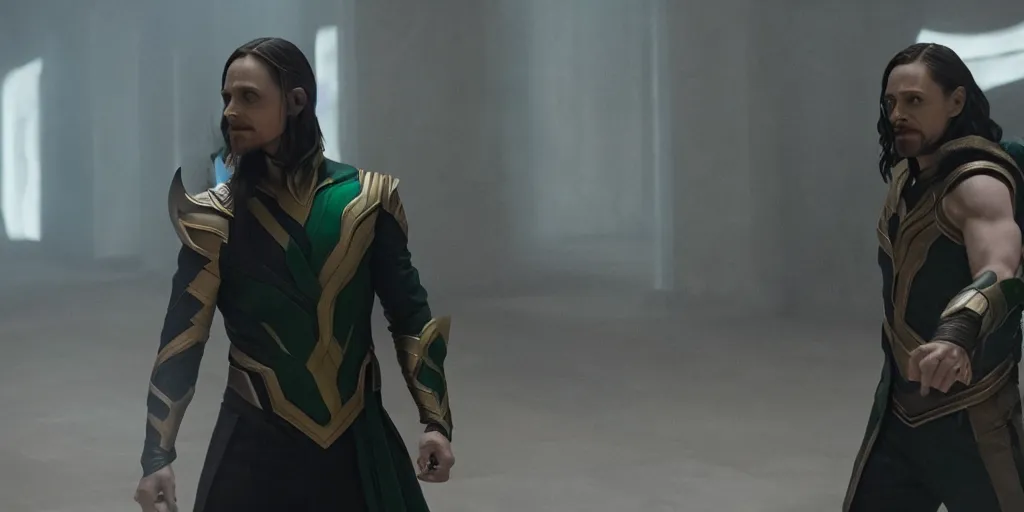 Image similar to Jared Leto as Loki in 'Avengers: Endgame' (2019), movie still frame, only one person in frame, oscar nominated cinematography, volumetric lighting, 8k resolution, beautiful composition