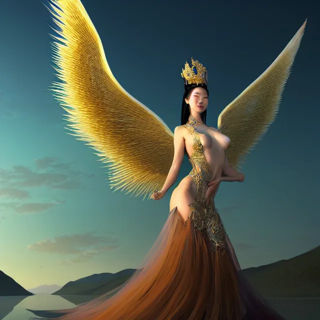 Prompt: beautiful 3 d render of a sexy mongolian queen goddess spreading it's wings with a gorgeous dress in a sensual pose, sexy face, atmospheric lighting, intricate, volumetric lighting, beautiful, sharp focus, ultra detailed, in the art style of bowater, charlie, brom, gerald, with lake baikal in the background, astrophotography