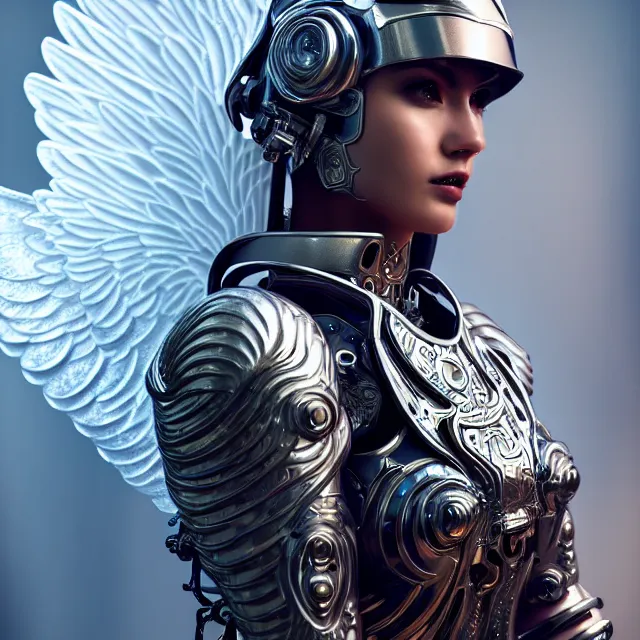 Image similar to beautiful!! futuristic cyberpunk angel warrior with ornate slick pearl armor, highly detailed 8 k hdr smooth sharp focus high resolution award - winning photo photorealistic