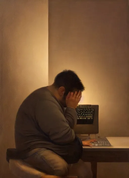 Image similar to insanely detailed chiaroscuro image of a sleepy - looking chubby casually - dressed tired programmer guy on his knees facing his glowing ultrawide monitor monitor begging it for forgiveness, oil on canvas, masterwork, fine detail, trending on artstation, emotive, insanely compelling, ryden, koons, moebius