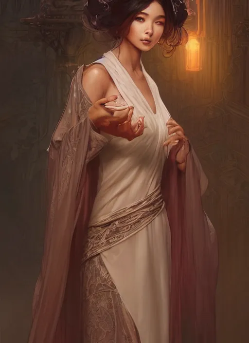 Image similar to cute brown woman wearing a transparent night gown and hanfu face veil, fantasy, intricate, highly detailed, digital painting, artstation, concept art, wallpaper, smooth, sharp focus, illustration, art by artgerm and greg rutkowski and alphonse mucha