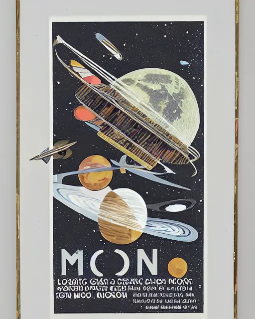 Prompt: A mid-century modern collage, made of random shapes cut from fashion and science magazines and text books, of Space Travel, landing on the moon.