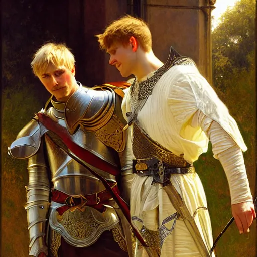 Image similar to attractive arthur pendragon and his attractive male knight, they are in love, natural lighting, path traced, highly detailed, high quality, digital painting, by gaston bussiere, craig mullins, alphonse mucha j. c. leyendecker