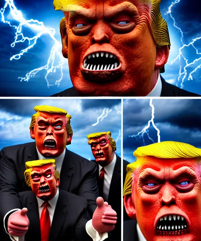 Image similar to hyperrealistic rendering, epic boss battle, cronenberg flesh monster donald trump, by art of skinner and richard corben, product photography, collectible action figure, sofubi, hottoys, storm clouds, outside, lightning