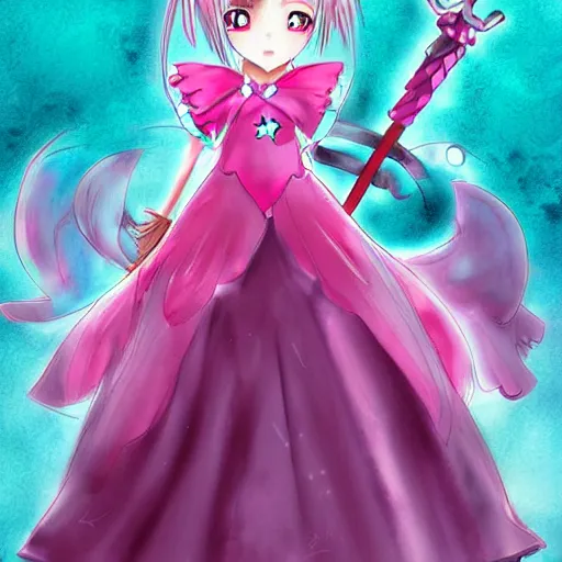 Image similar to Magical girl, pink dress, sword, digital art, unhappy anime