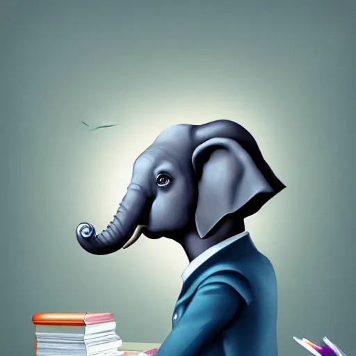 Image similar to an elephant as a secretary in 50's office, digital painting, artstation