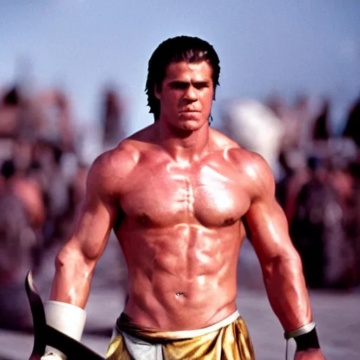 Prompt: photo of brock lesner as Achilles in the movie Troy cinestill, 800t, 35mm, full-HD