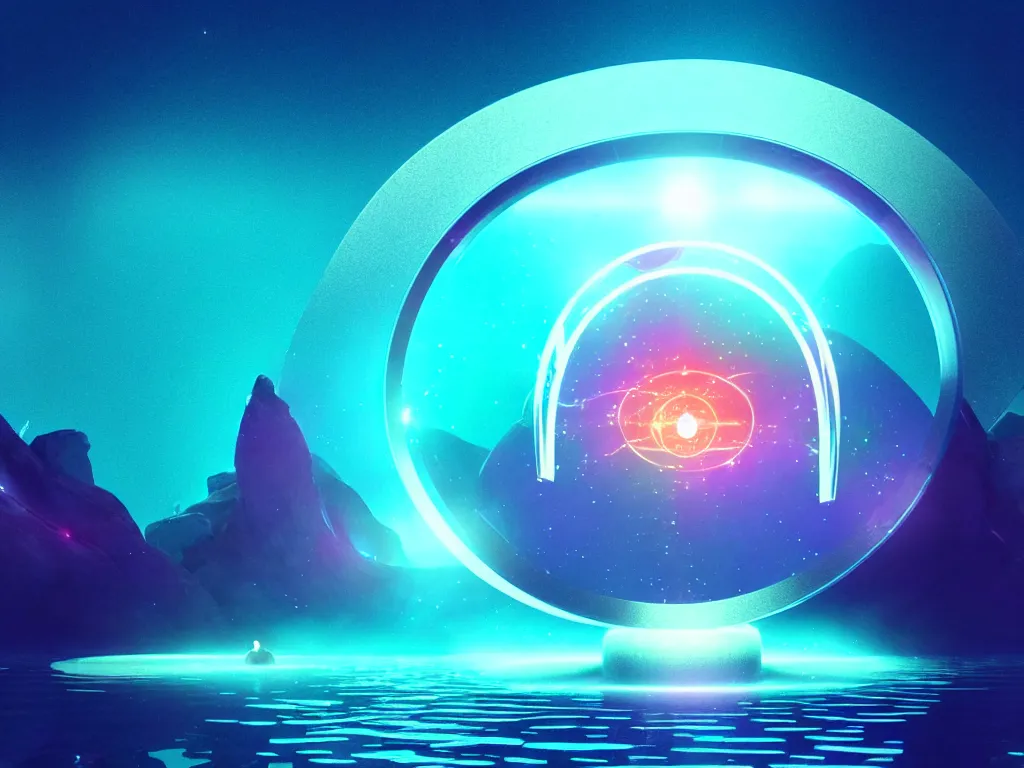 Image similar to beautiful artdeco digital illustration of one beautiful magical gleaming holographic portal to another world, in a lake, opening under the water, magical, ethereal, sci - fi, art, 8 k render octane high definition