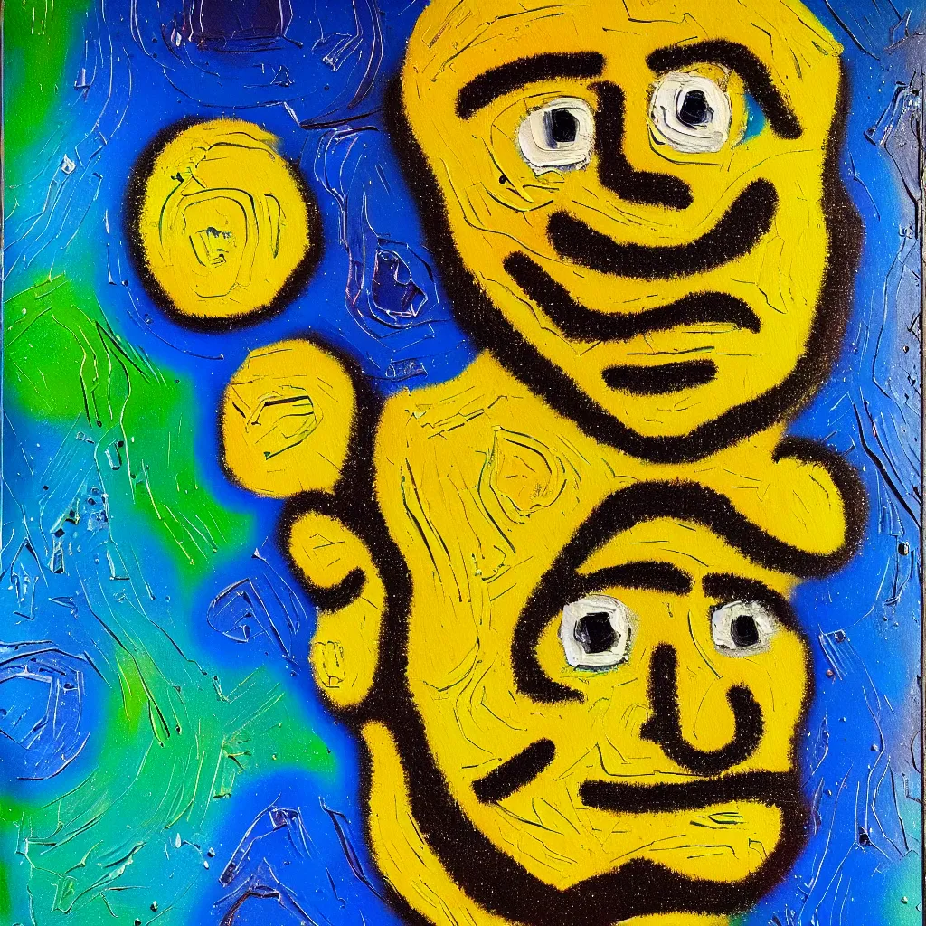 Image similar to happy face in the style of Jackson Pollack, with lots of stumbling, stumbled thick oil paint and painted in a style of painting similar to Van Gogh but more impasto and less hatching