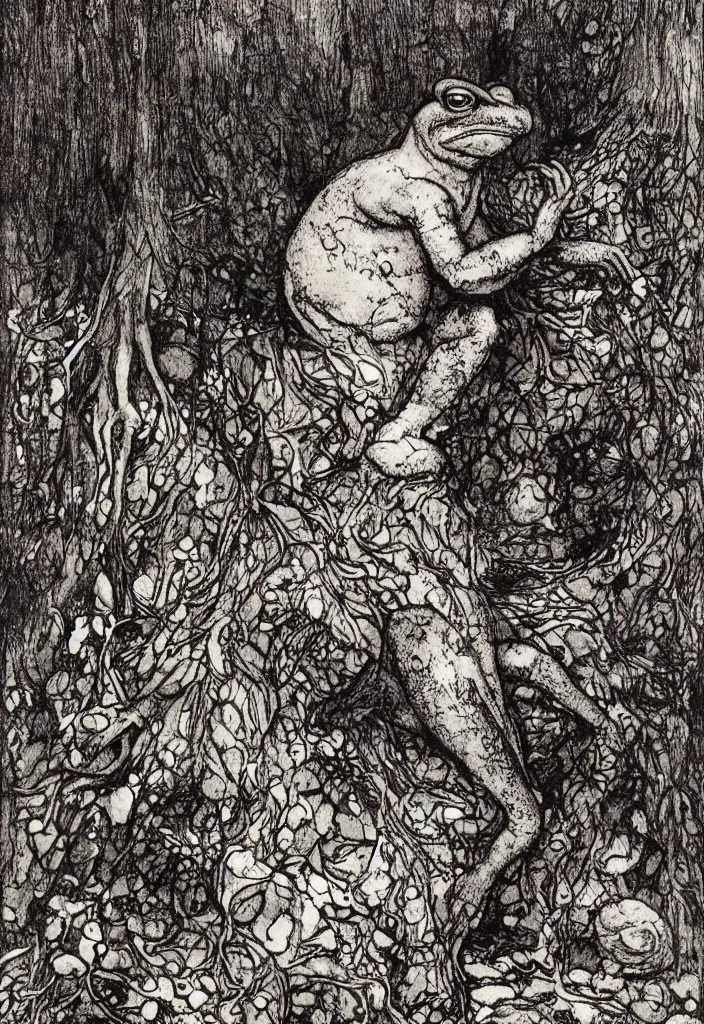Prompt: toad philosopher toad in a pose The Thinker, swamp, illustrations by irish fairy tales james stephens arthur rackham, fairy tale illustrations, green ratio