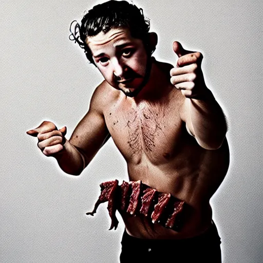 Prompt: uhd shia labeouf made entirely out of pieces of beef. photo by annie leibowitz