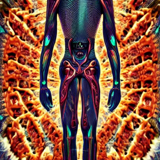 Prompt: long shot human robot made out of meat anatomical render in the style of alex grey hr giger, with an ornate fractal background featuring psychedelic eyes