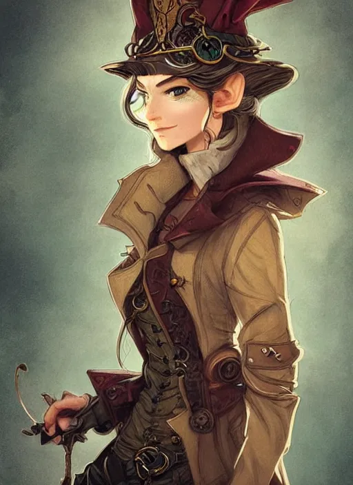 Prompt: daguerreotype of beautiful elf, brown trench coat, detailed face, brown skin, golden ponytail, happy, belts around, steampunk, dnd, smooth, sharp focus, extremely detailed, by rebecca guay, rossdraws, wlop, colorful