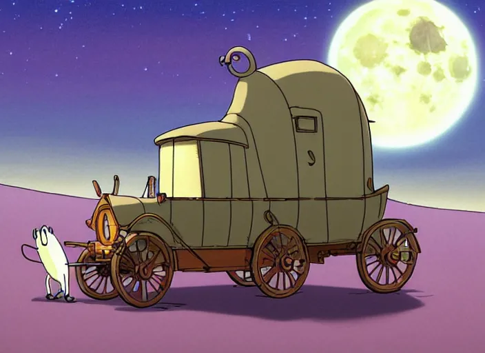 Image similar to a cell shaded cartoon of a lovecraftian snail stage coach from howl's moving castle ( 2 0 0 4 ), on a desert road, in front of a pale full moon, full body, wide shot, very dull muted colors, studio ghibli, highly detailed, deviantart, art by artgem