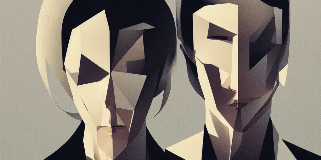 Image similar to highly detailed portrait of a portrait geometric face modernist bauhaus minimalism, by greg rutkowski and fujimoto tatsuki, dramatic lighting, dynamic pose, dynamic perspective