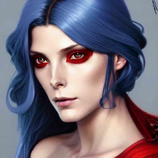 Image similar to Ashley Greene with blue hair as Scarlet Witch, western, D&D, fantasy, intricate, elegant, highly detailed, digital painting, artstation, concept art, matte, sharp focus, illustration, art by Artgerm and Greg Rutkowski and Alphonse Mucha