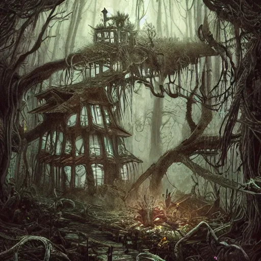 Image similar to dilapidated rotting treehouse, hidden away within the witchwood forest, evil fairies, overgrown, mist, detailed intricate ink illustration, dark atmosphere, detailed illustration, hd, 4k, digital art, overdetailed art, concept art, by greg rutkowski, by loish, complementing colors, Trending on artstation, deviantart