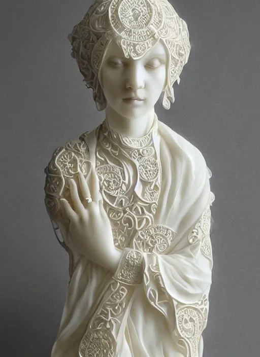 Prompt: opalescent marble sculpture of beautiful woman, ivory carving, fractal paisley inlay, lace, intricate, elegant, highly detailed, artgerm, lace, by ruan jia and greg rutkowski